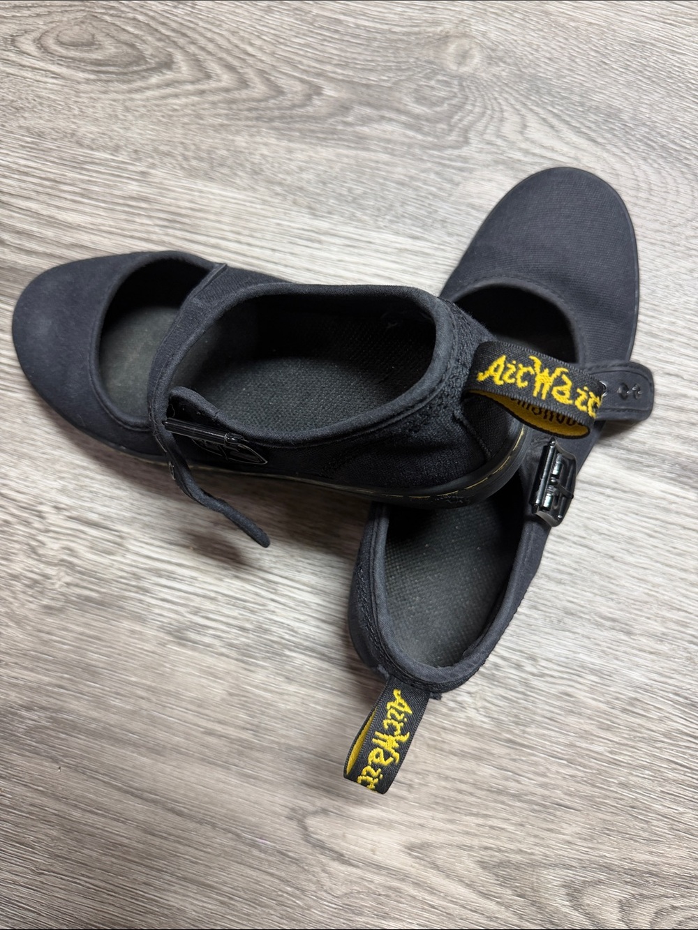 Dr. Martens Black Mary Jane Shoes with Yellow Heel Loop